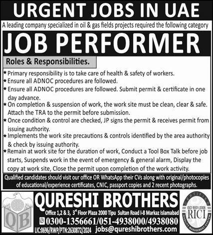 Job performer required for UAE