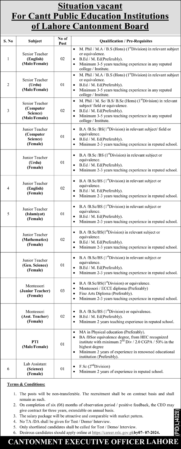 Situations Vacant At Cantt Public Educational Institution