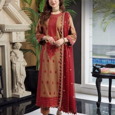 DHANAK EMB 3pc WITH DHANAK EMB DUPPATA BRAND:Asim jofa